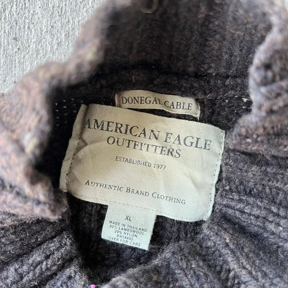 VTG American Eagle Donegal Cable Knit Mock Neck Sweater Men XL Brown Wool Blend - Picture 3 of 6